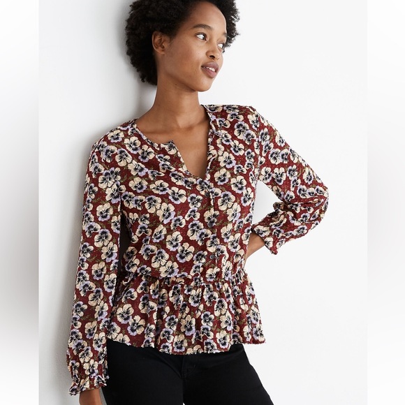 Madewell Drawstring Ruffle-Hem Top in Viola Floral EUC XS Pansy Dusty Burgundy - Picture 3 of 12